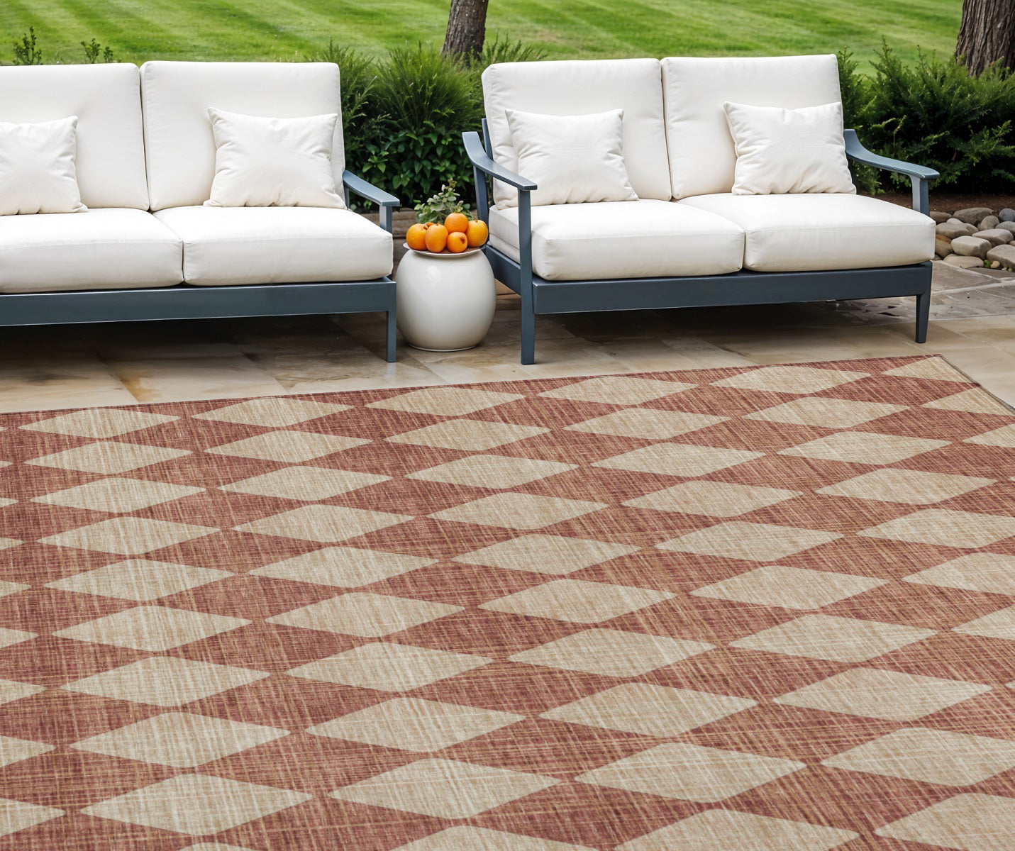 9' X 12' Orange And Copper Geometric Washable Indoor Outdoor Area Rug
