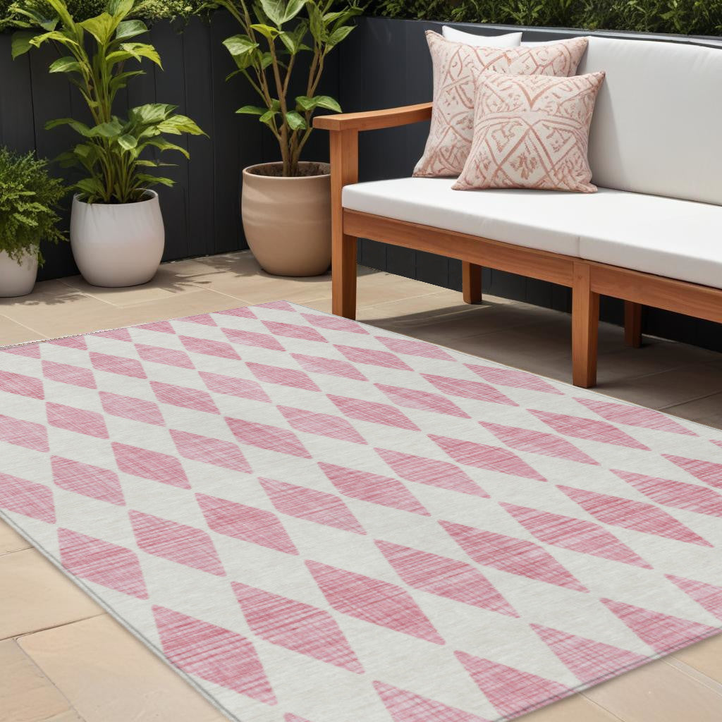 9' X 12' Pink And Ivory Geometric Washable Indoor Outdoor Area Rug