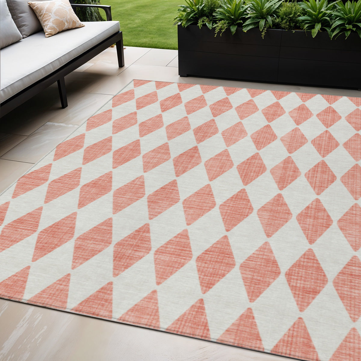 5' X 8' Salmon And Ivory Geometric Washable Indoor Outdoor Area Rug