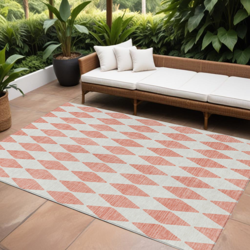 9' X 12' Salmon And Ivory Geometric Washable Indoor Outdoor Area Rug