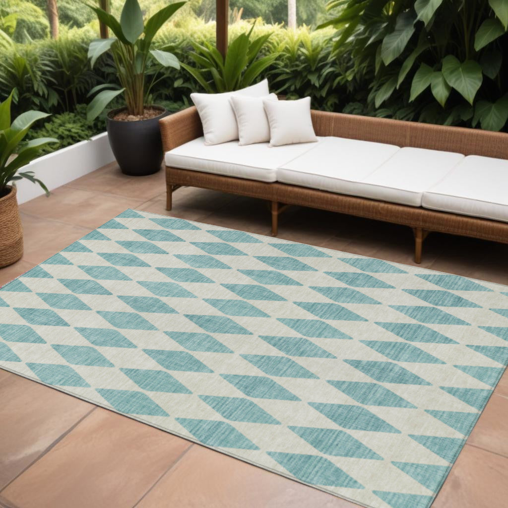 9' X 12' Teal Blue And Ivory Geometric Washable Indoor Outdoor Area Rug