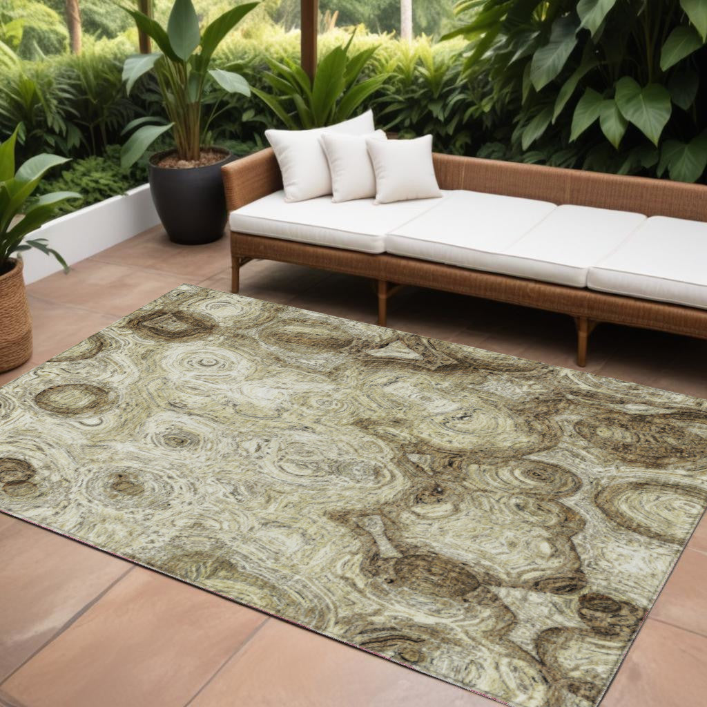 10' X 14' Beige Taupe And Brown Abstract Washable Indoor Outdoor Area Rug