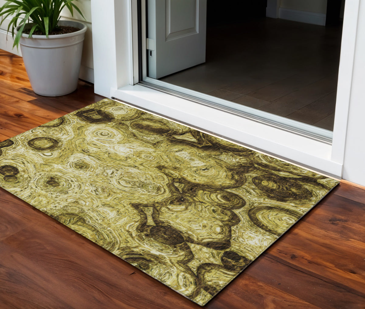 3' X 5' Gold Wheat And Chocolate Abstract Washable Indoor Outdoor Area Rug