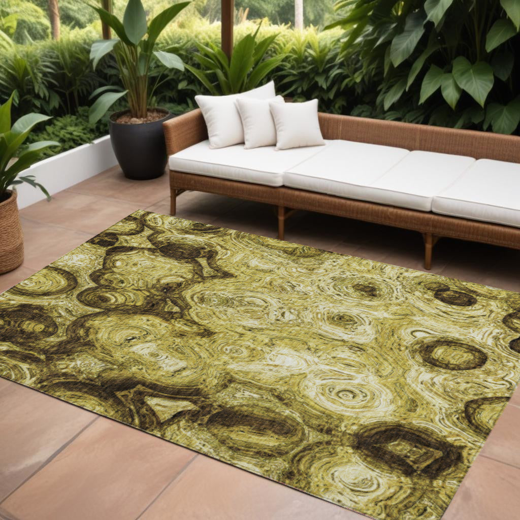 9' X 12' Gold Wheat And Chocolate Abstract Washable Indoor Outdoor Area Rug