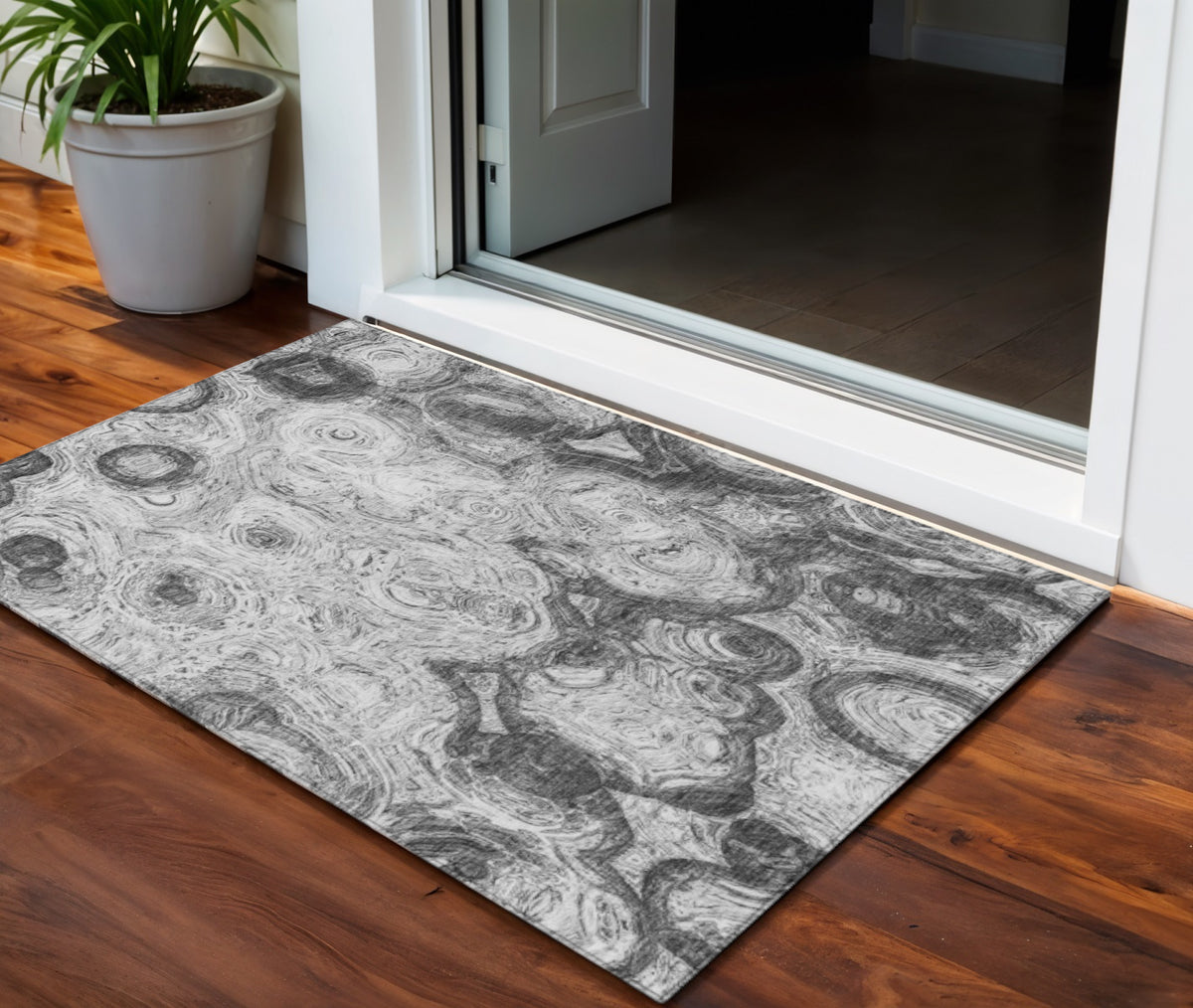 3' X 5' Gray Silver And Charcoal Abstract Washable Indoor Outdoor Area Rug