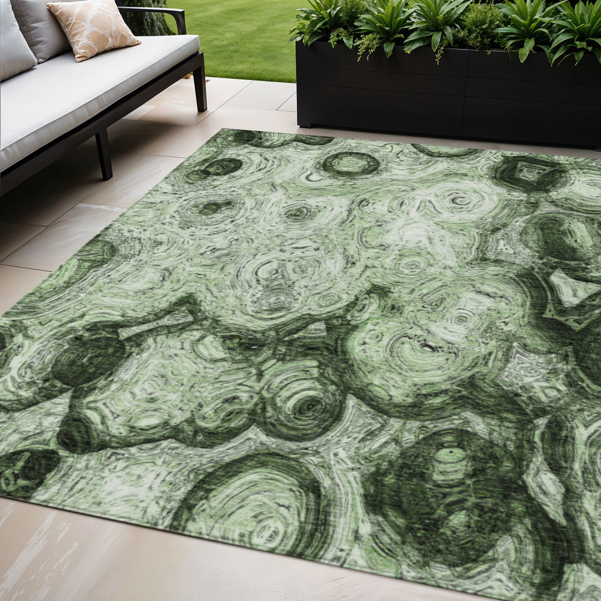 5' X 8' Artichoke Green And Emerald Abstract Washable Indoor Outdoor Area Rug