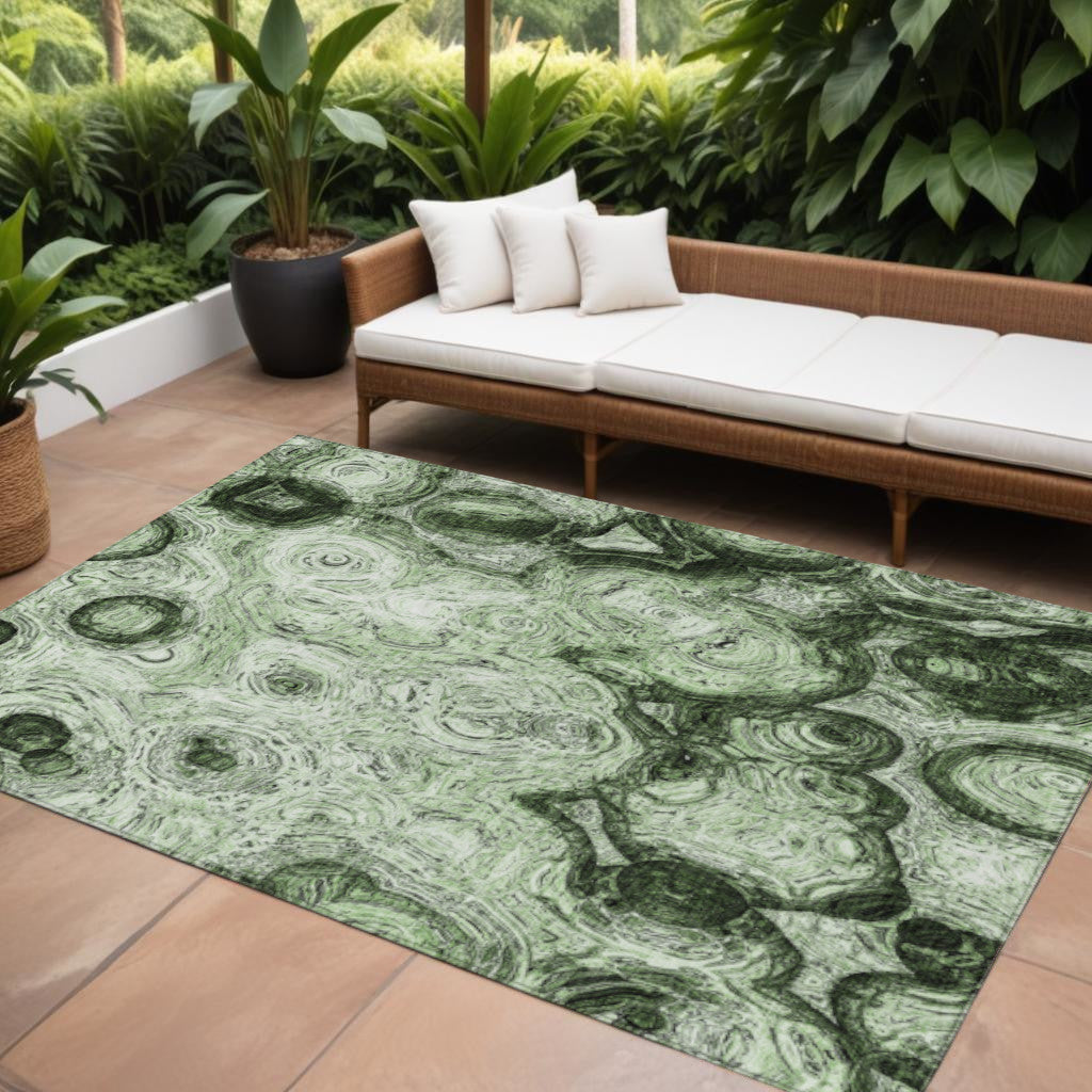9' X 12' Artichoke Green And Emerald Abstract Washable Indoor Outdoor Area Rug