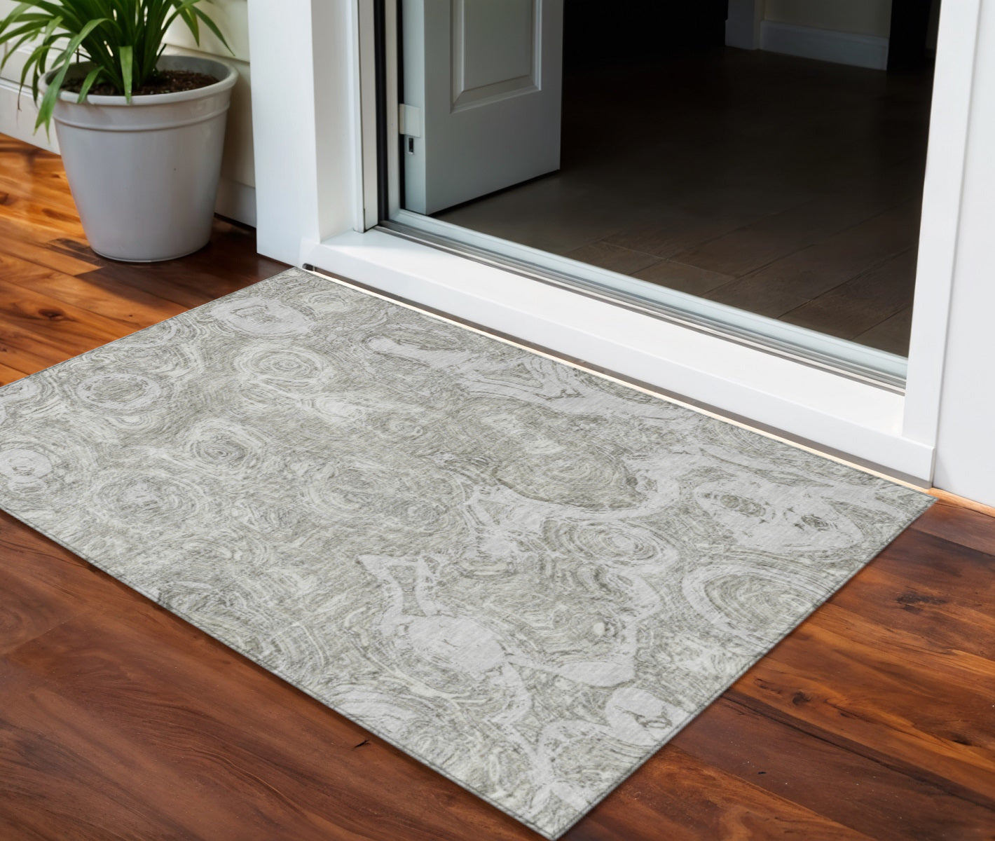3' X 5' Ivory Taupe And Beige Abstract Washable Indoor Outdoor Area Rug