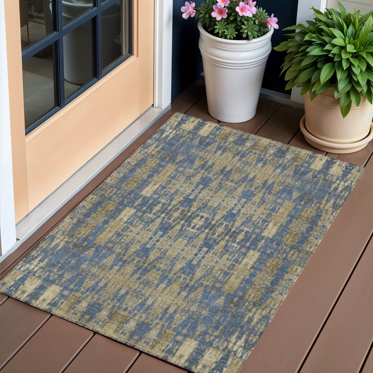 3' X 5' Blue Taupe And Beige Moroccan Washable Indoor Outdoor Area Rug