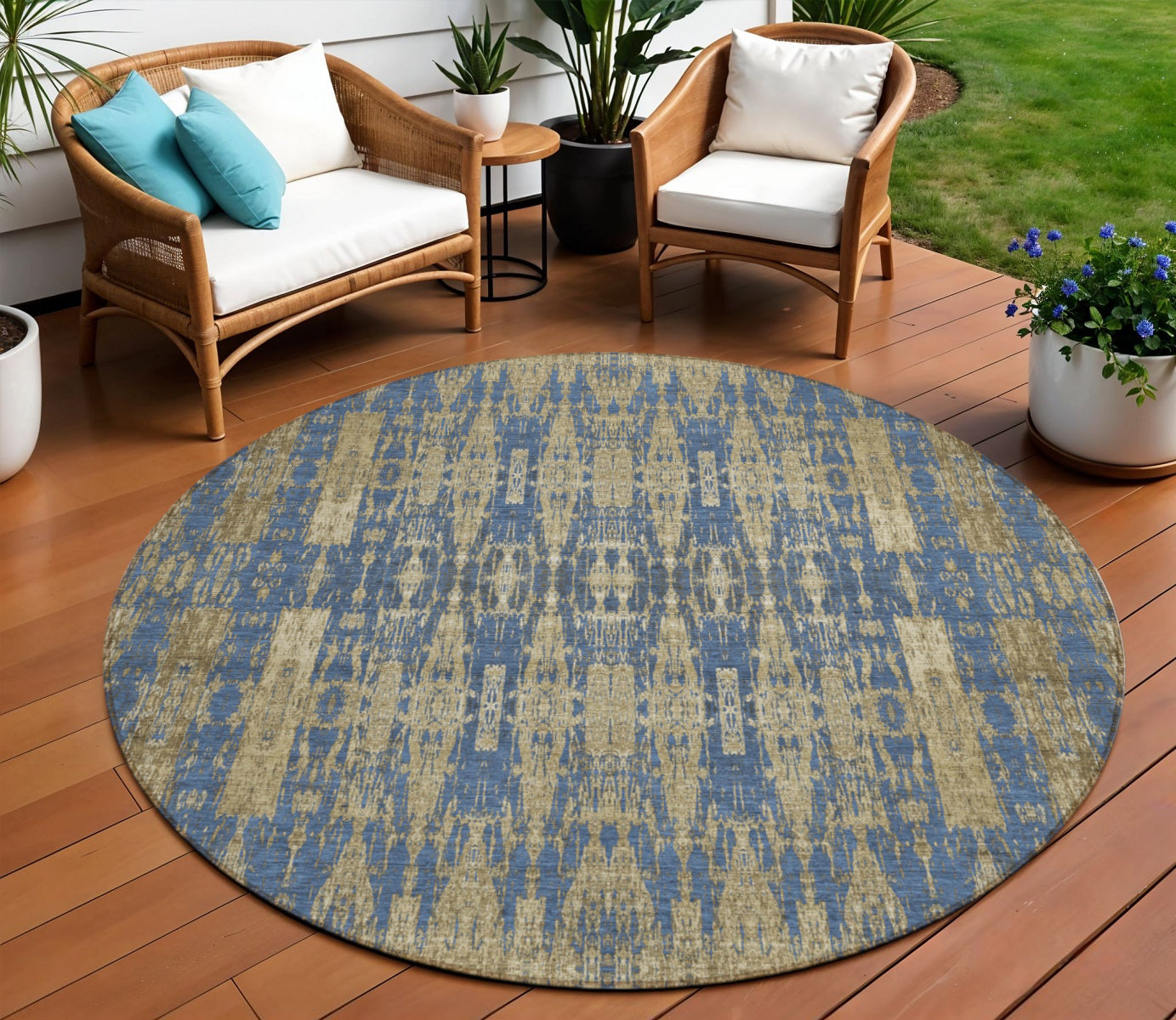 8' Blue Taupe And Beige Round Moroccan Washable Indoor Outdoor Area Rug