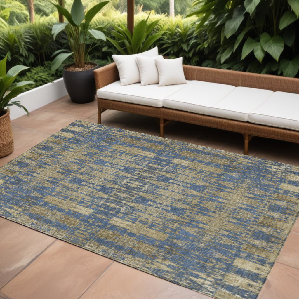10' X 14' Blue Taupe And Beige Moroccan Washable Indoor Outdoor Area Rug