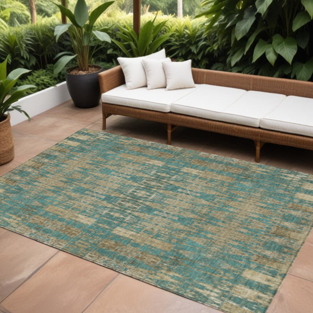 10' X 14' Teal Blue Taupe And Beige Moroccan Washable Indoor Outdoor Area Rug