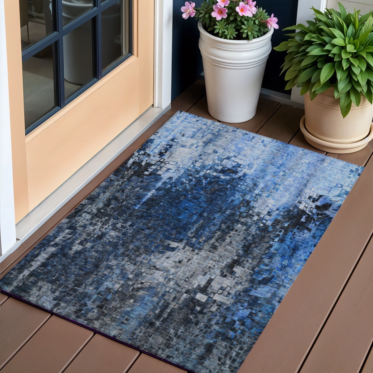 3' X 5' Navy Blue And Denim Blue Abstract Washable Indoor Outdoor Area Rug