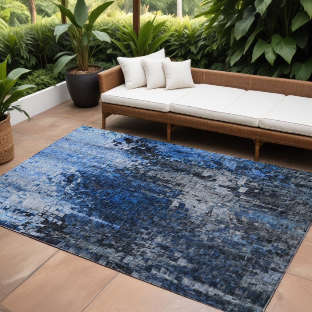 9' X 12' Navy Blue And Denim Blue Abstract Washable Indoor Outdoor Area Rug