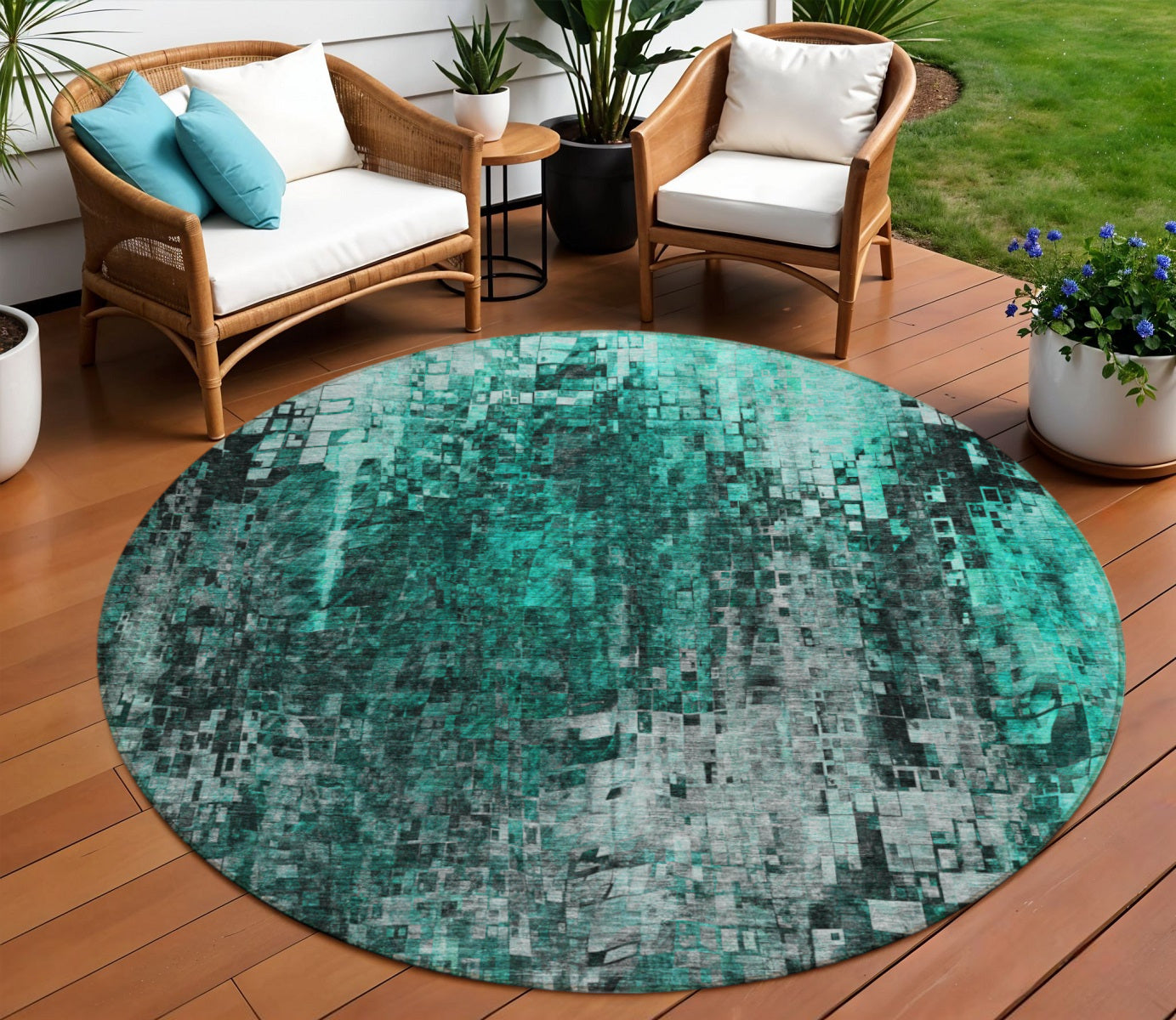 8' Teal Blue Aqua And Gray Round Abstract Washable Indoor Outdoor Area Rug