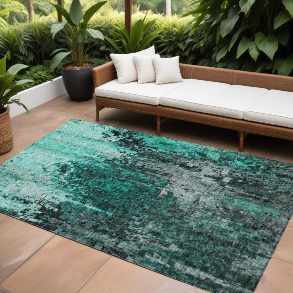 9' X 12' Teal Blue Aqua And Gray Abstract Washable Indoor Outdoor Area Rug