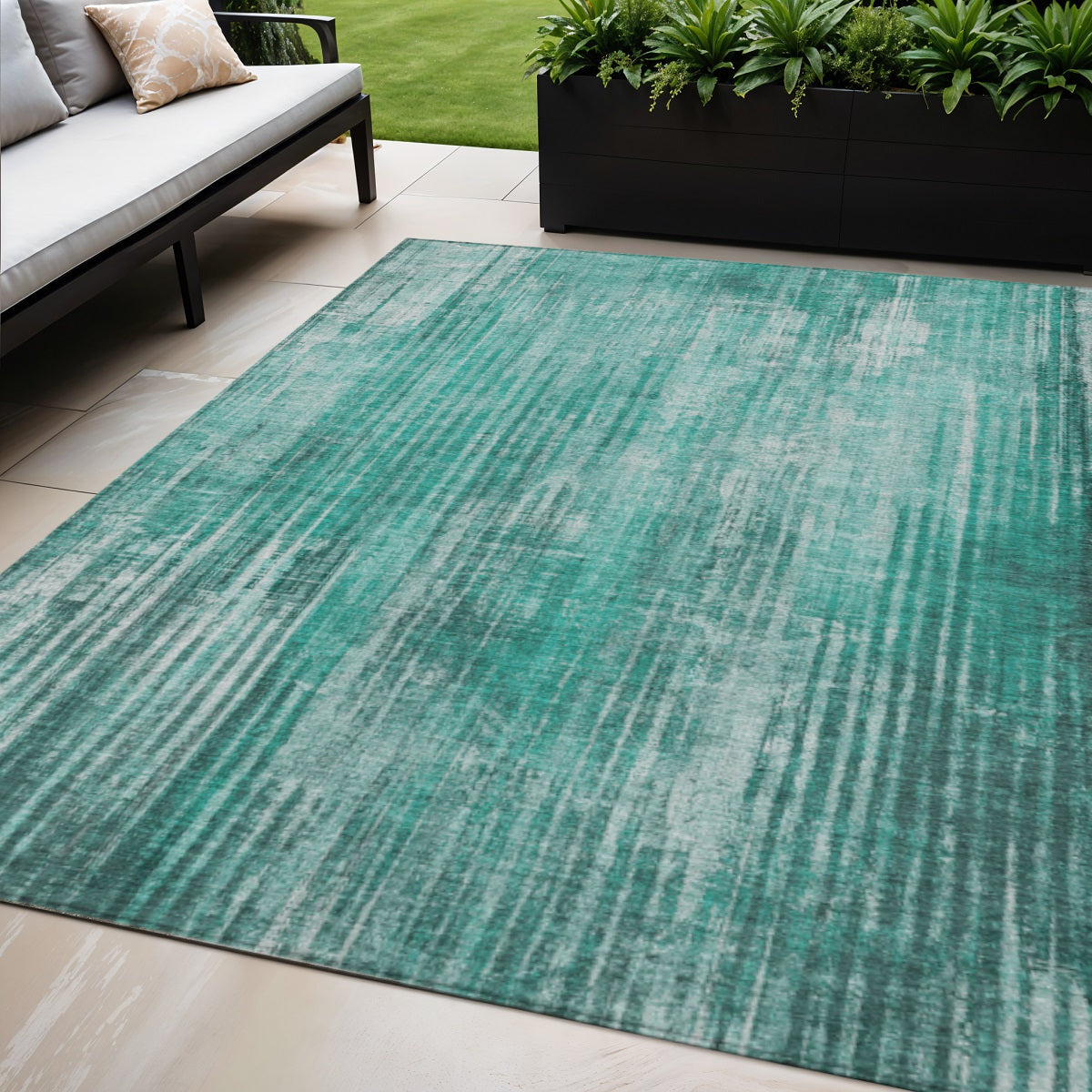 5' X 8' Teal Blue Aqua And Gray Striped Washable Indoor Outdoor Area Rug