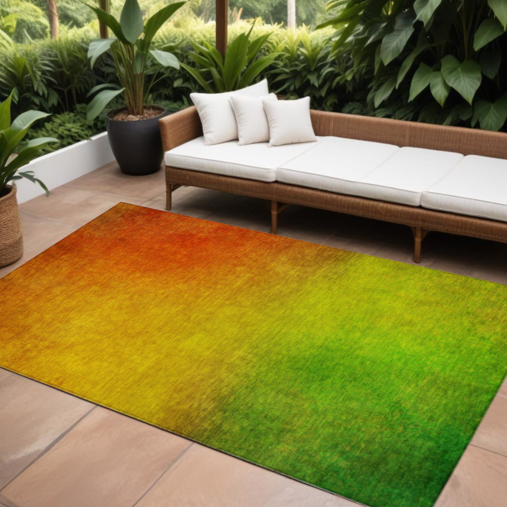 9' X 12' Terra Cotta Gold And Green Ombre Washable Indoor Outdoor Area Rug