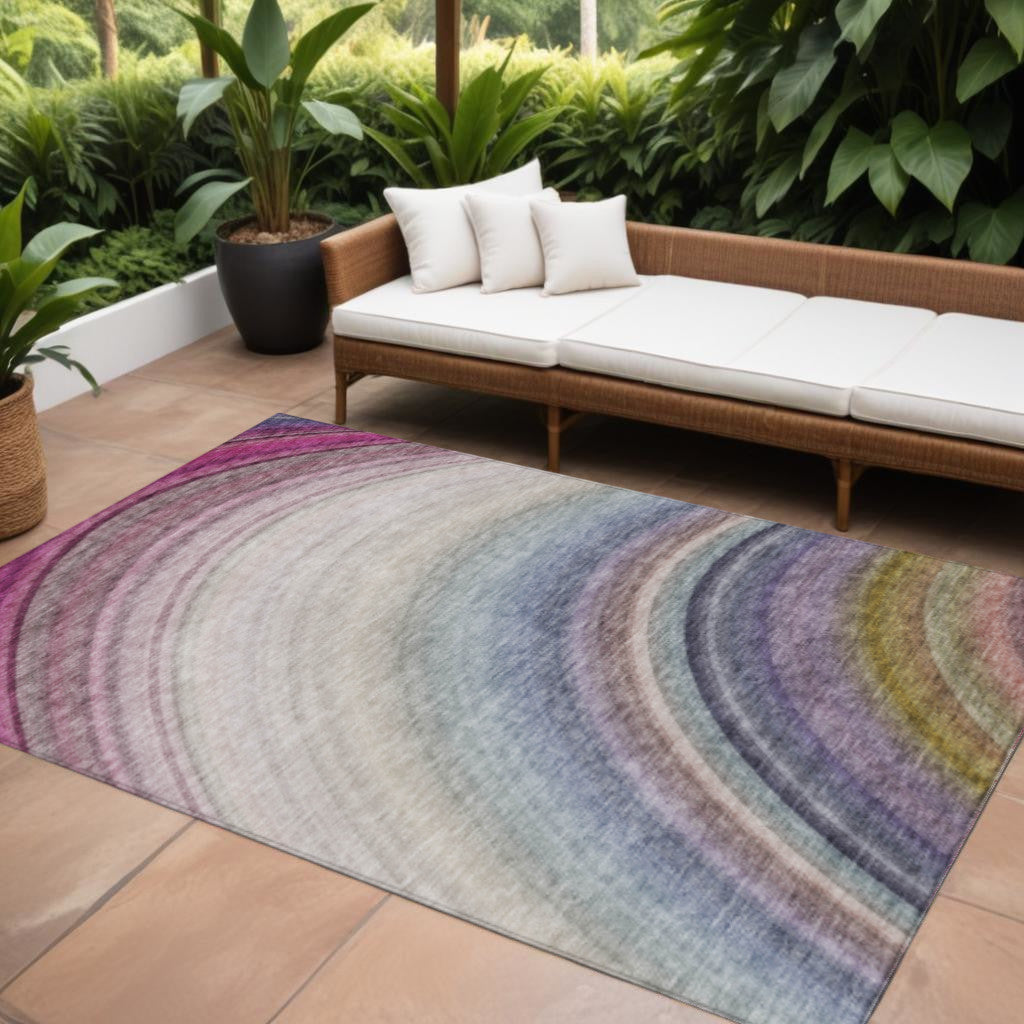 10' X 14' Beige Purple And Ivory Abstract Washable Indoor Outdoor Area Rug