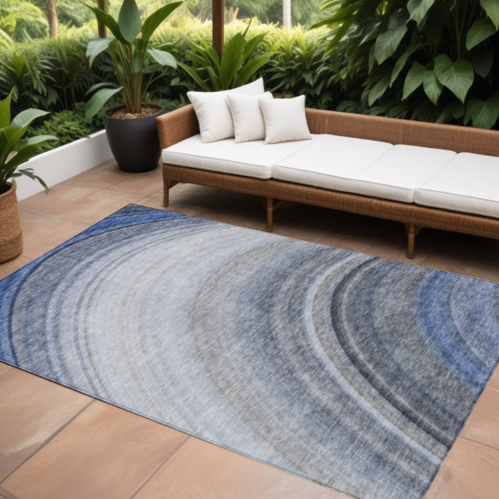 9' X 12' Denim Blue And Navy Blue Abstract Washable Indoor Outdoor Area Rug