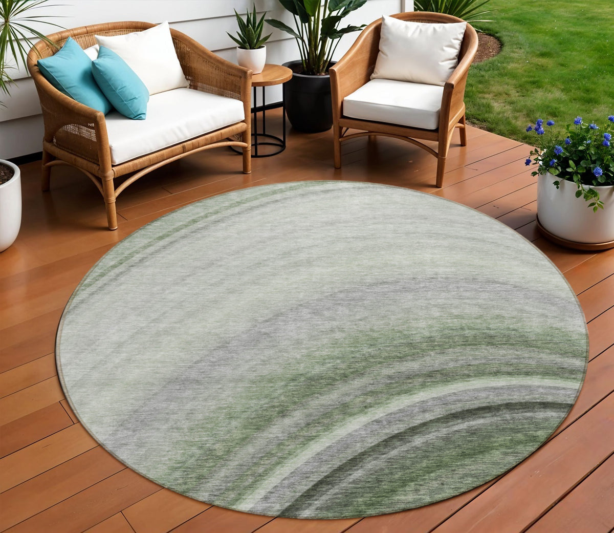 8' Green And Artichoke Green Round Abstract Washable Indoor Outdoor Area Rug