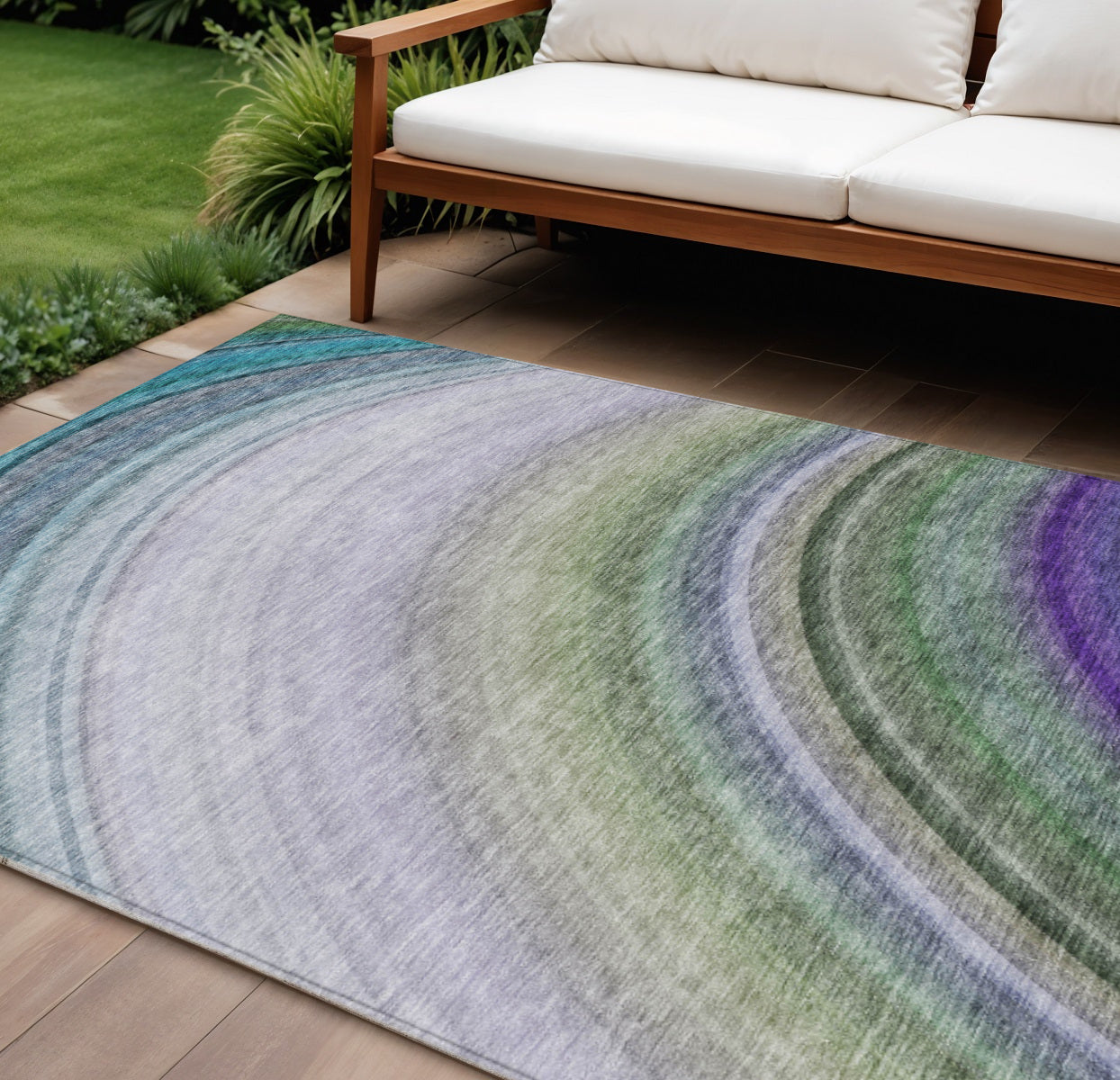 9' X 12' Teal Blue Artichoke Green And Green Abstract Washable Indoor Outdoor Area Rug