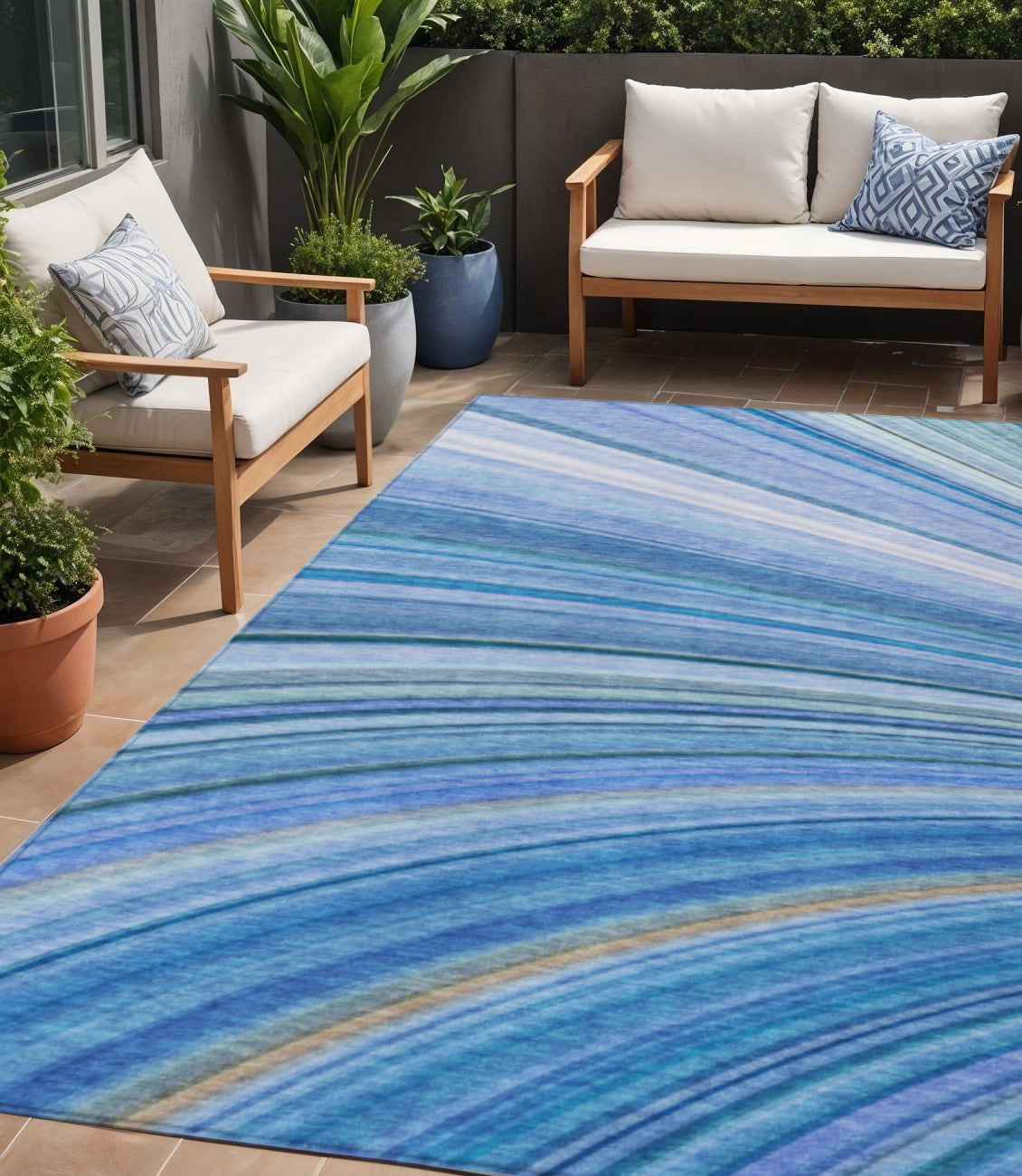 5' X 8' Denim Blue And Sky Blue Abstract Washable Indoor Outdoor Area Rug
