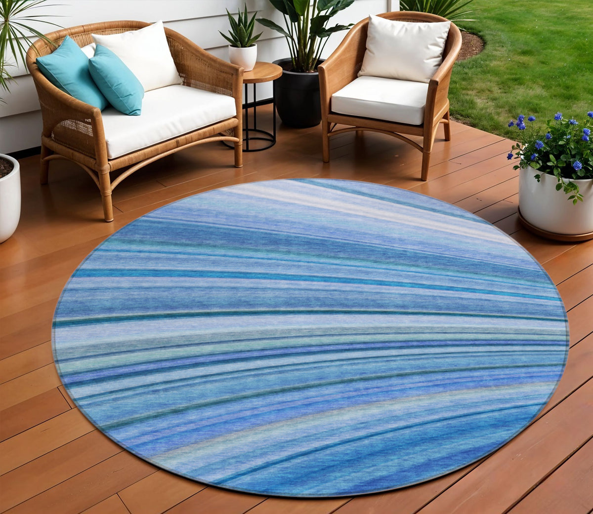 8' Denim Blue And Sky Blue Round Abstract Washable Indoor Outdoor Area Rug