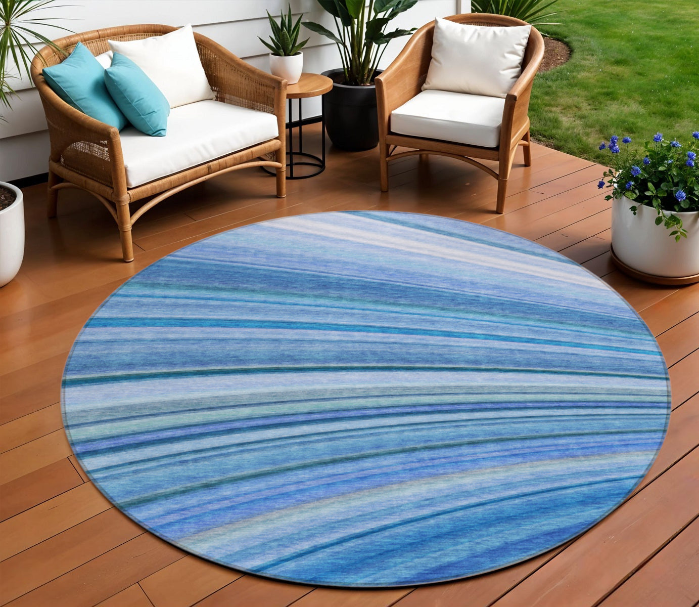 8' Denim Blue And Sky Blue Round Abstract Washable Indoor Outdoor Area Rug