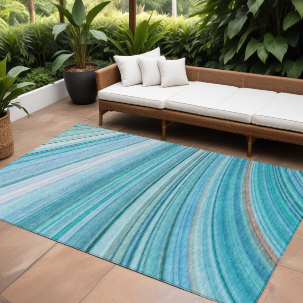 9' X 12' Teal Blue Aqua And Blue Abstract Washable Indoor Outdoor Area Rug