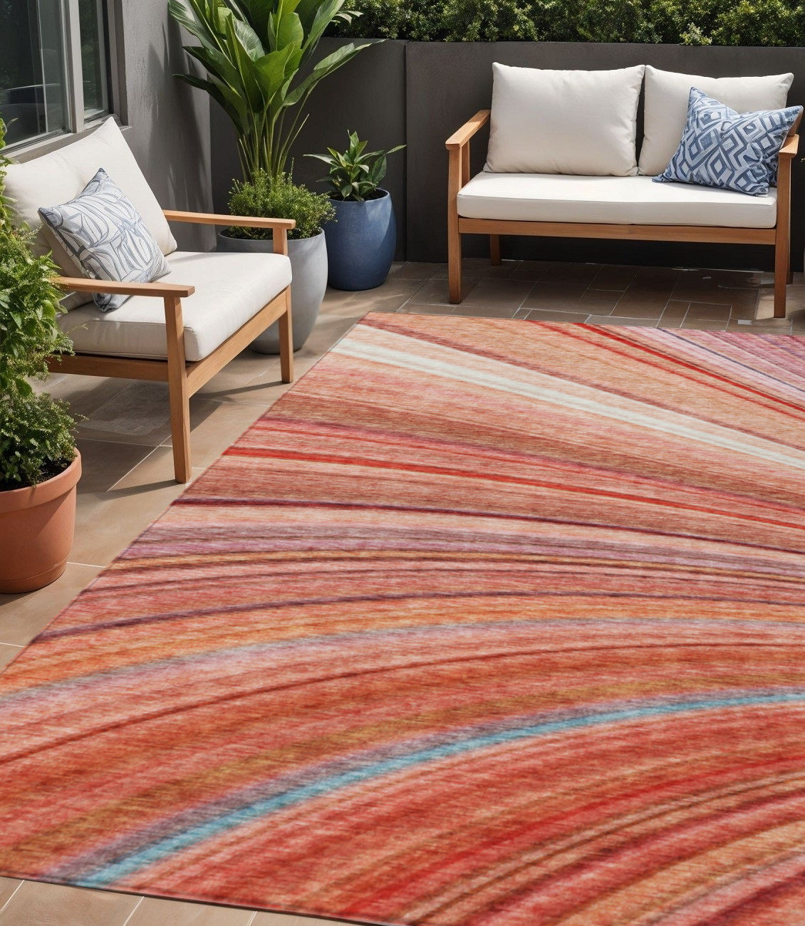 5' X 8' Terra Cotta Salmon And Orange Striped Washable Indoor Outdoor Area Rug