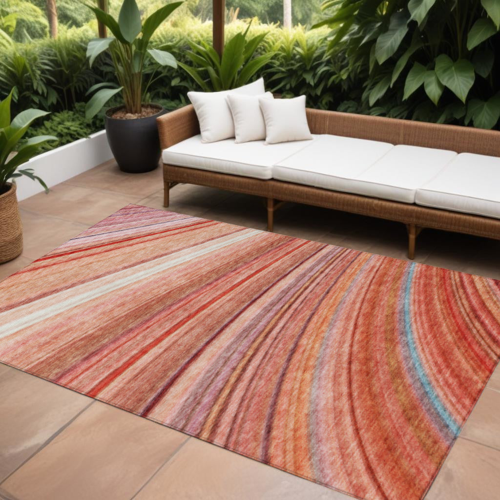 9' X 12' Terra Cotta Salmon And Orange Striped Washable Indoor Outdoor Area Rug