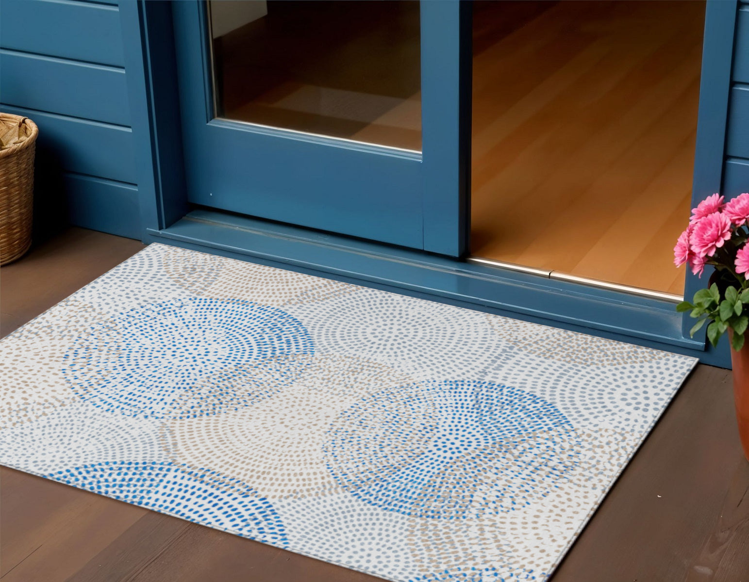 3' X 5' Ivory Blue And Taupe Polka Dot Washable Indoor Outdoor Area Rug