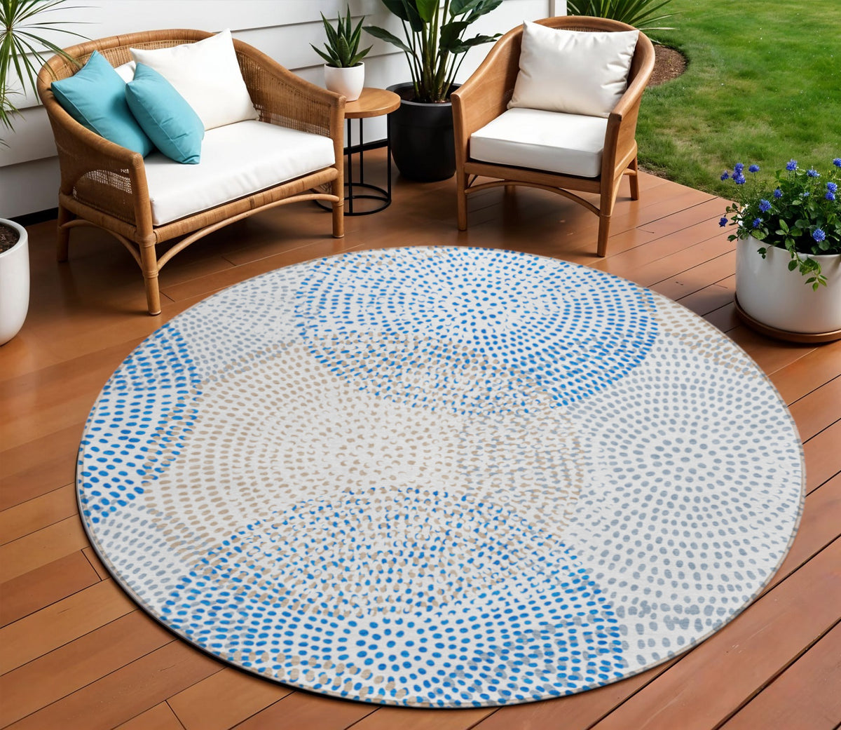 8' Ivory Blue And Taupe Round Polka Dot Washable Indoor Outdoor Area Rug