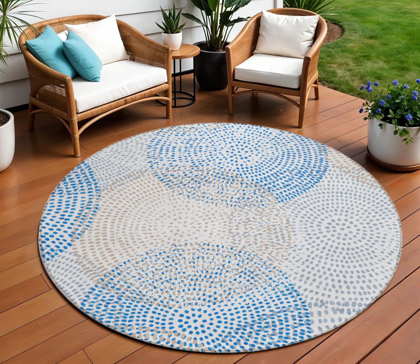 8' Ivory Blue And Taupe Round Polka Dot Washable Indoor Outdoor Area Rug