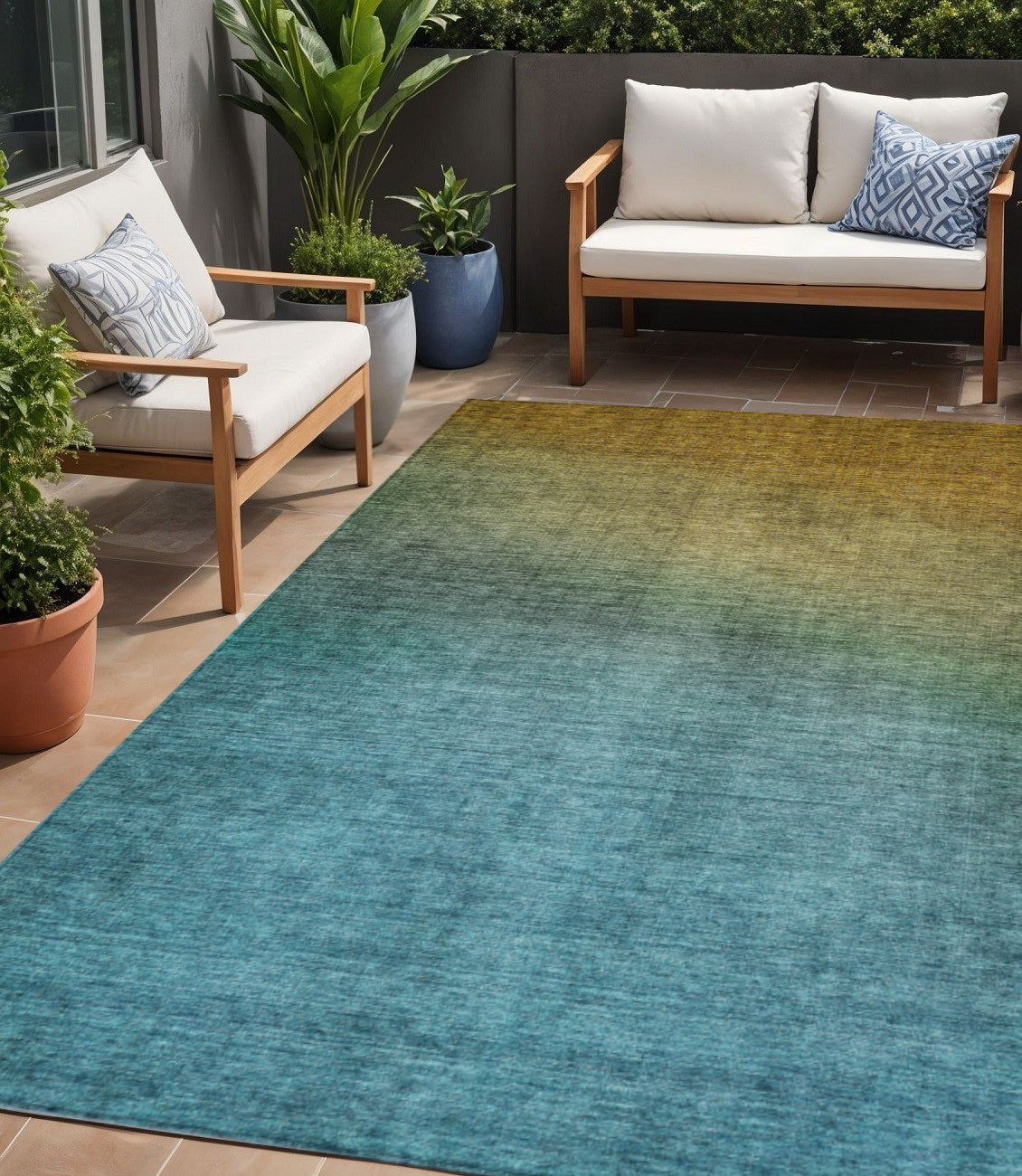 5' X 8' Brown Blue And Taupe Ombre Washable Indoor Outdoor Area Rug