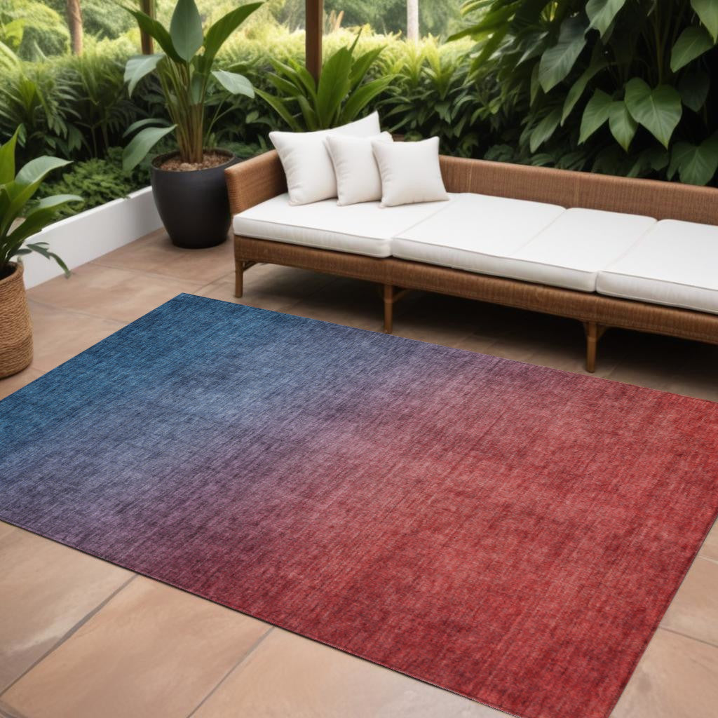 9' X 12' Navy Blue Red And Eggplant Ombre Washable Indoor Outdoor Area Rug