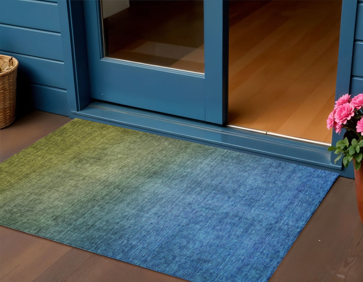 3' X 5' Olive Green Blue And Navy Blue Ombre Washable Indoor Outdoor Area Rug