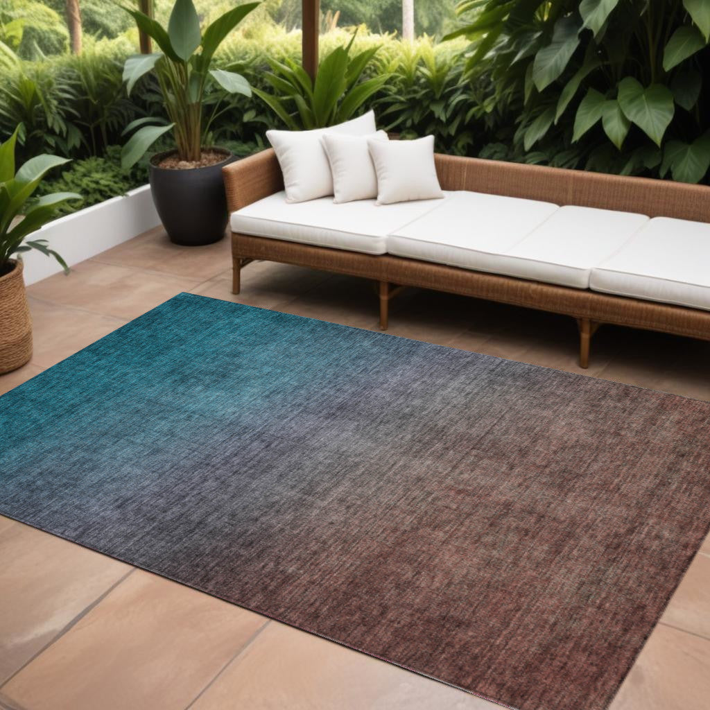 9' X 12' Teal Blue Chocolate And Charcoal Ombre Washable Indoor Outdoor Area Rug
