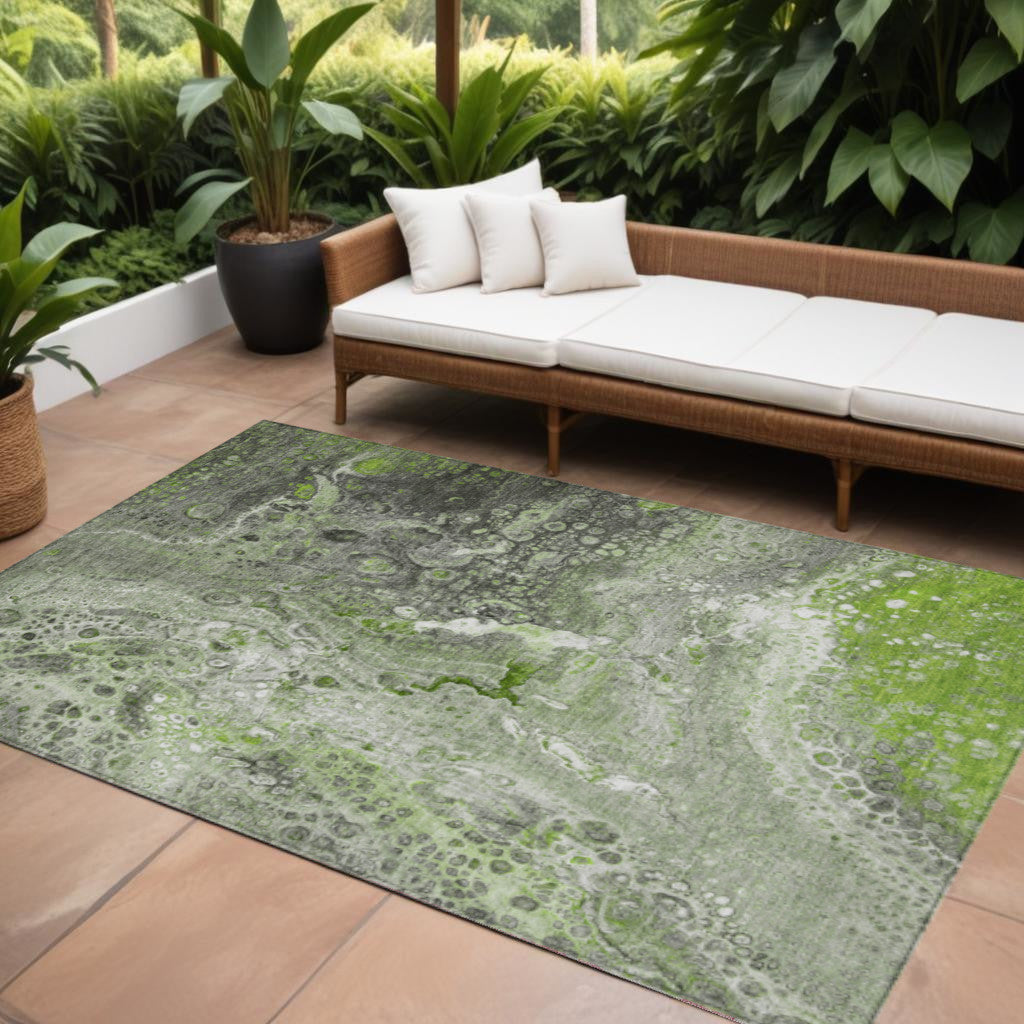 10' X 14' Artichoke Green And Ivory Abstract Washable Indoor Outdoor Area Rug