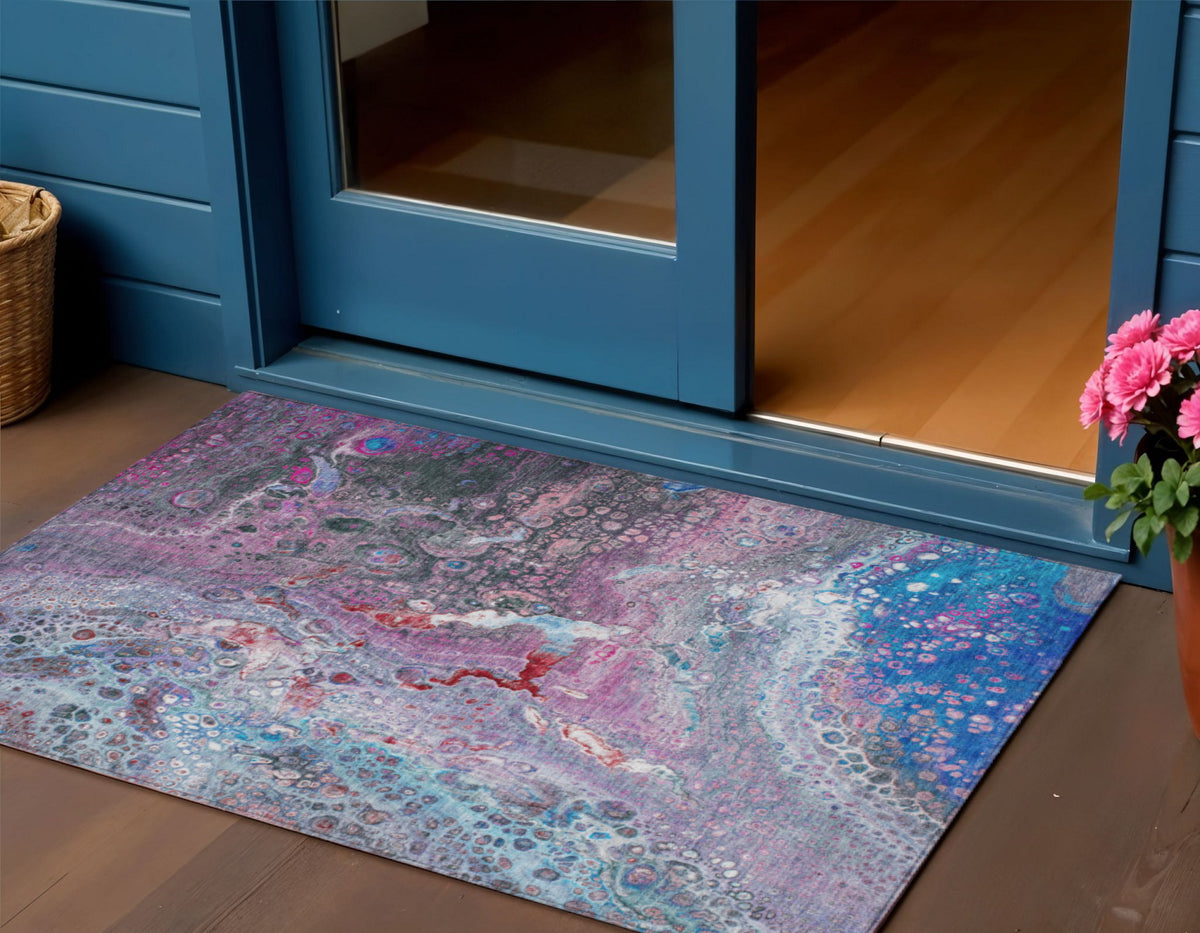 3' X 5' Sky Blue And Purple Abstract Washable Indoor Outdoor Area Rug