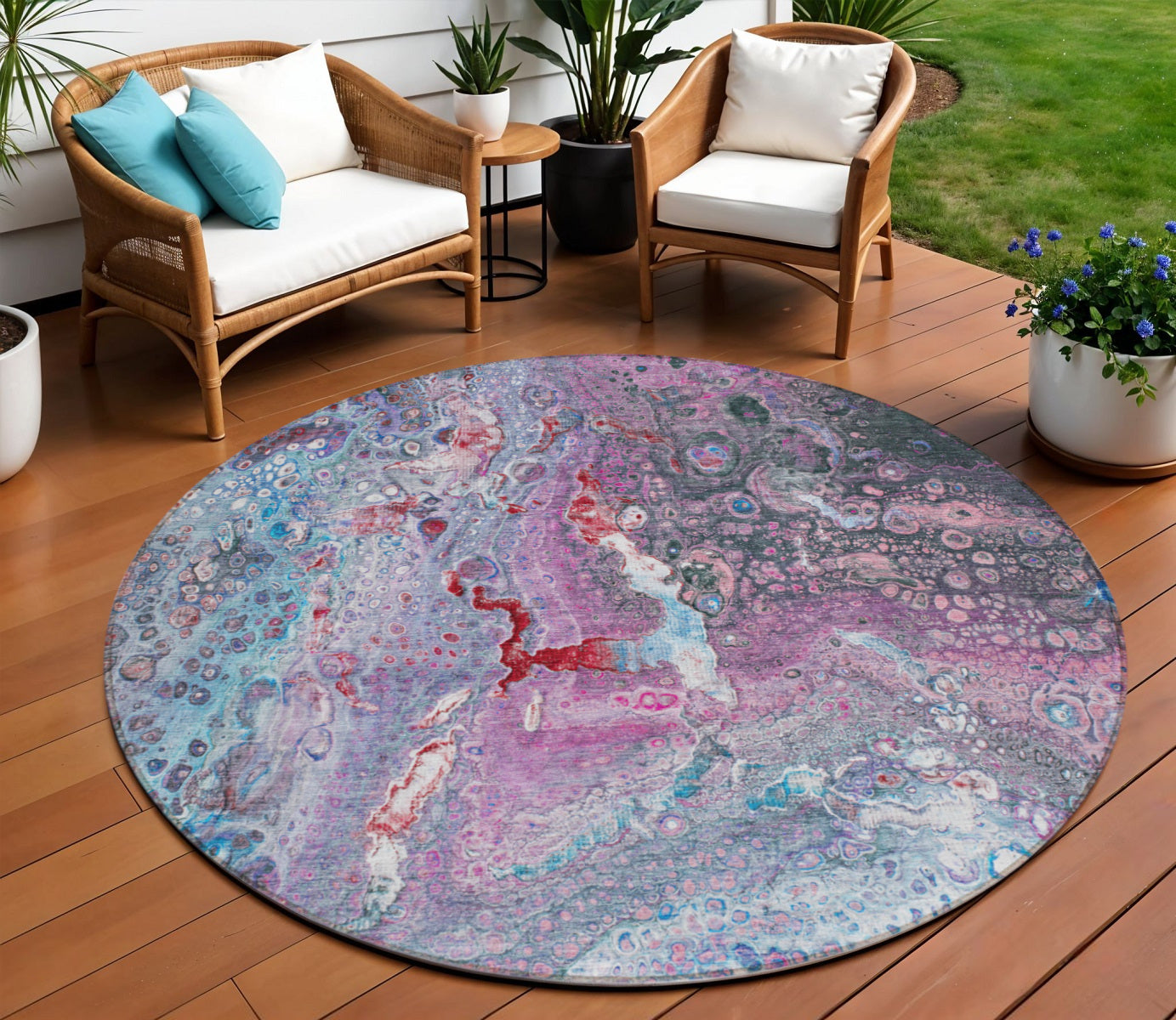 8' Sky Blue And Purple Round Abstract Washable Indoor Outdoor Area Rug