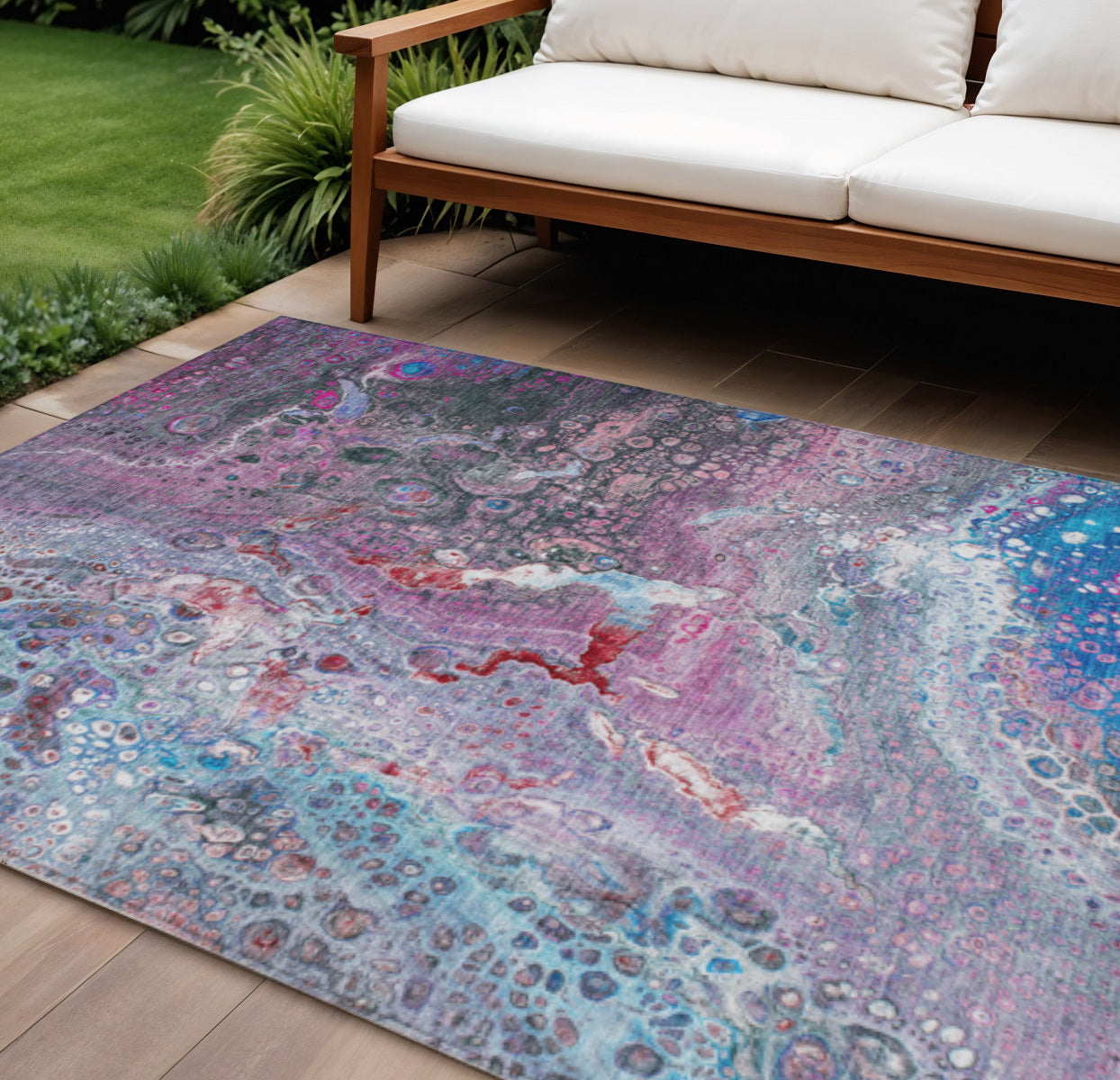 10' X 14' Sky Blue And Purple Abstract Washable Indoor Outdoor Area Rug