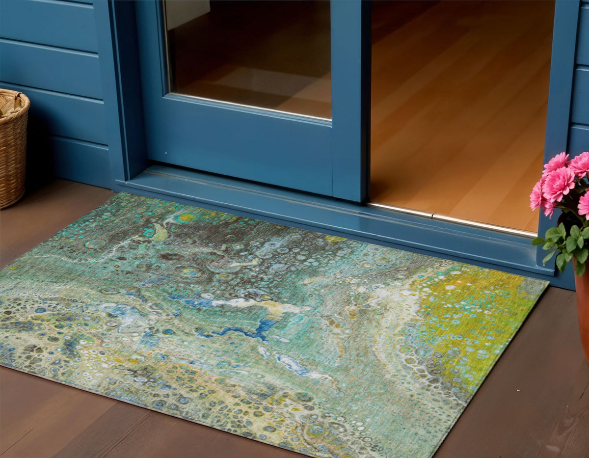 3' X 5' Teal Blue Lime Green And Green Abstract Washable Indoor Outdoor Area Rug