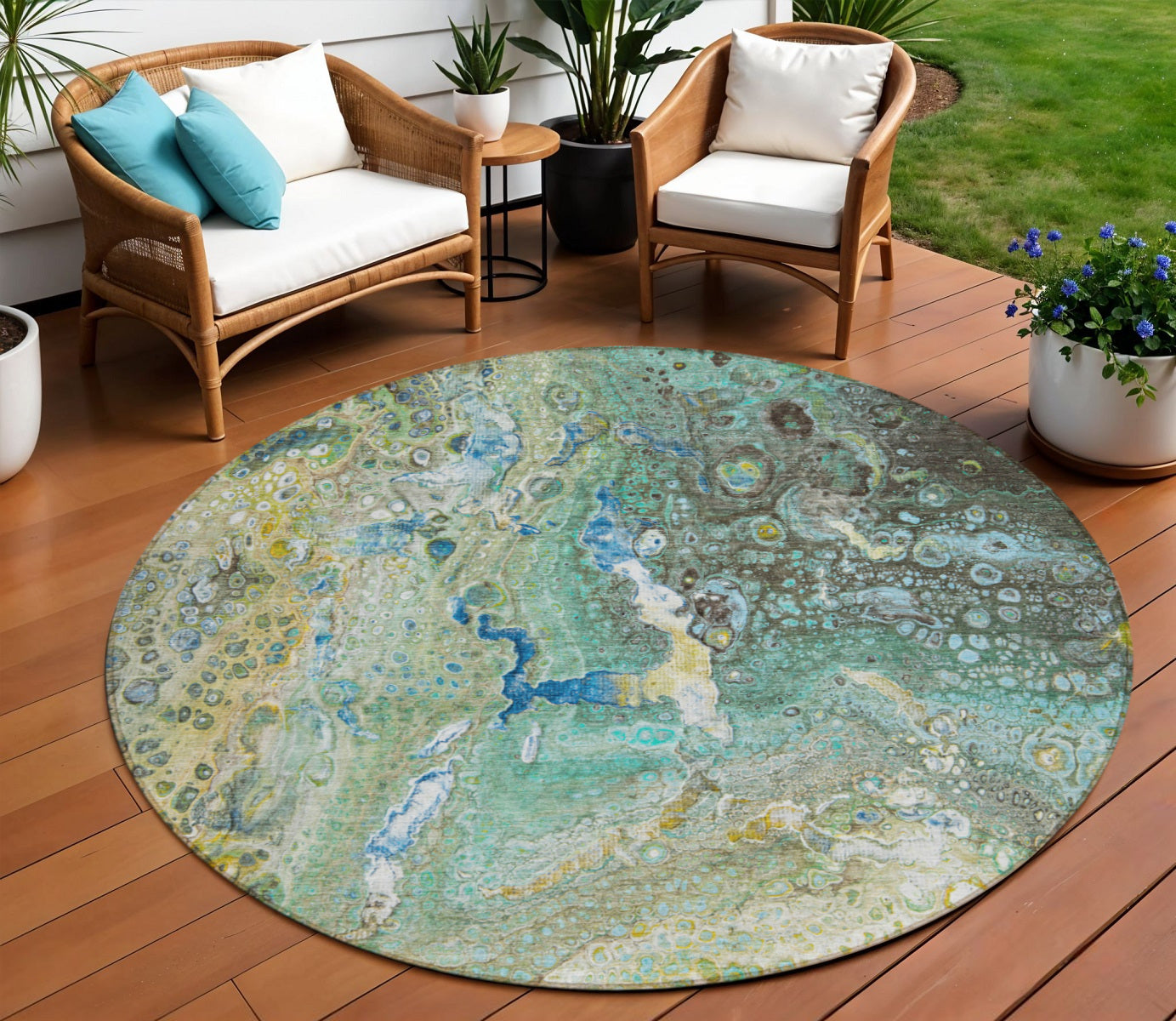8' Teal Blue Lime Green And Green Round Abstract Washable Indoor Outdoor Area Rug