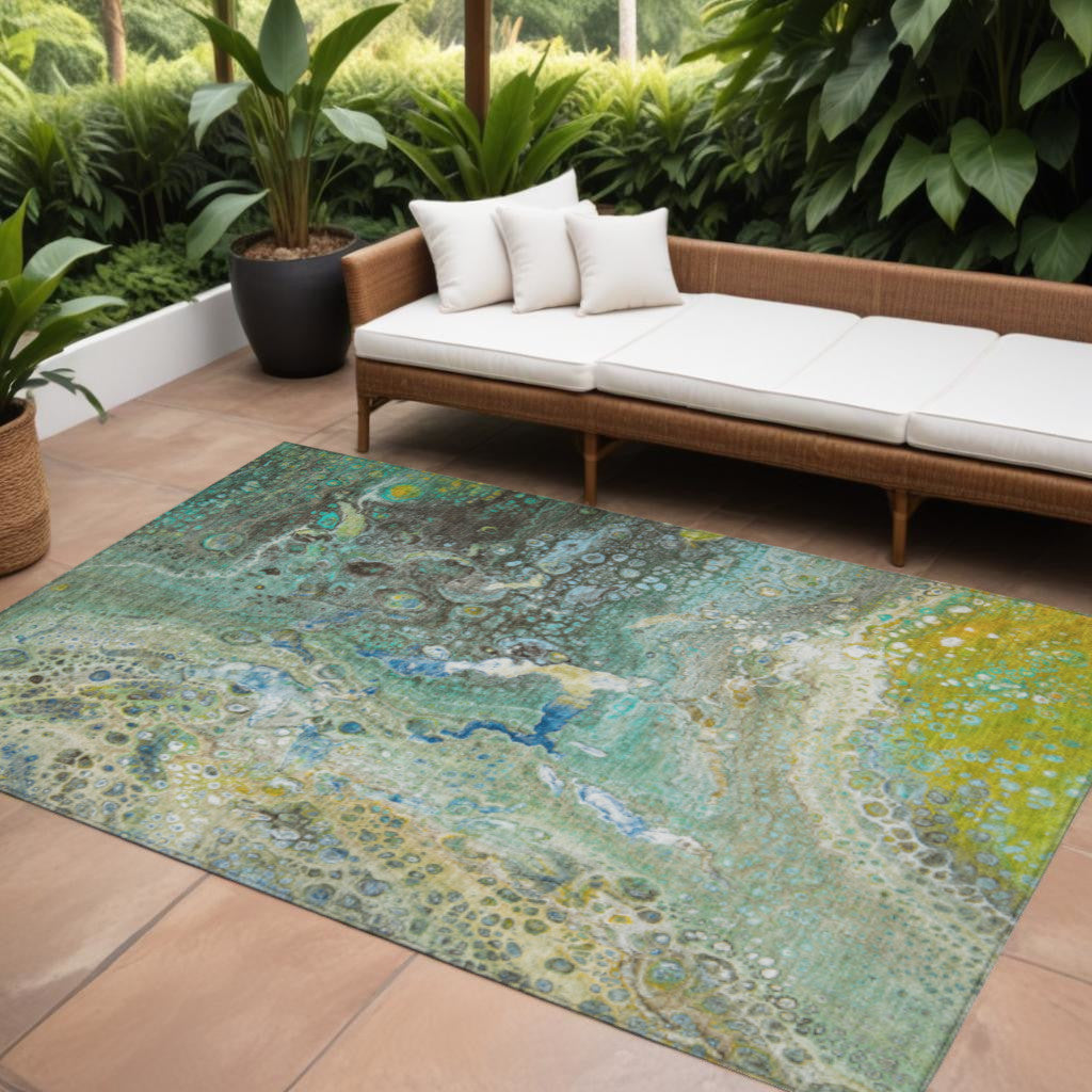 9' X 12' Teal Blue Lime Green And Green Abstract Washable Indoor Outdoor Area Rug
