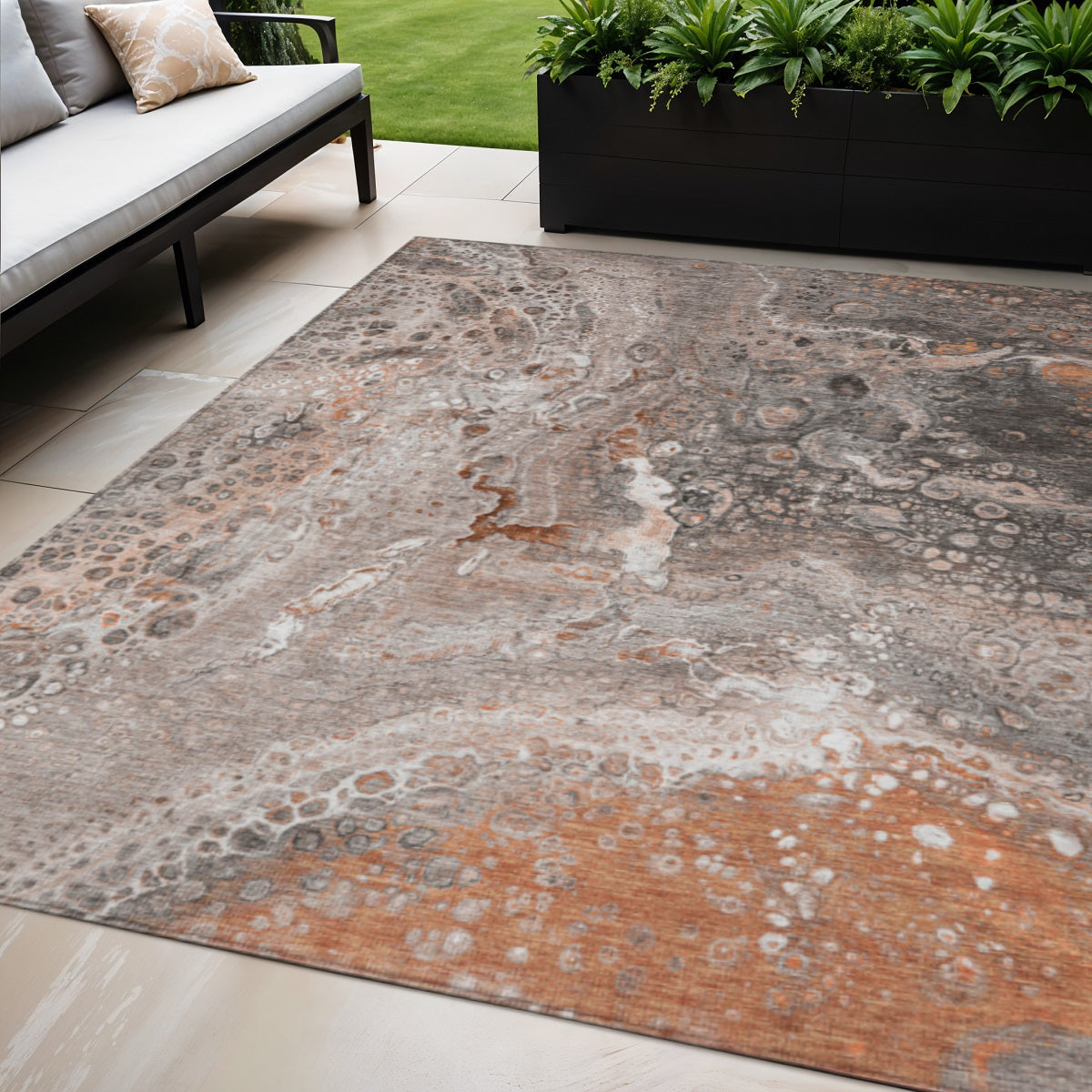 5' X 8' Terra Cotta Copper And Gray Abstract Washable Indoor Outdoor Area Rug