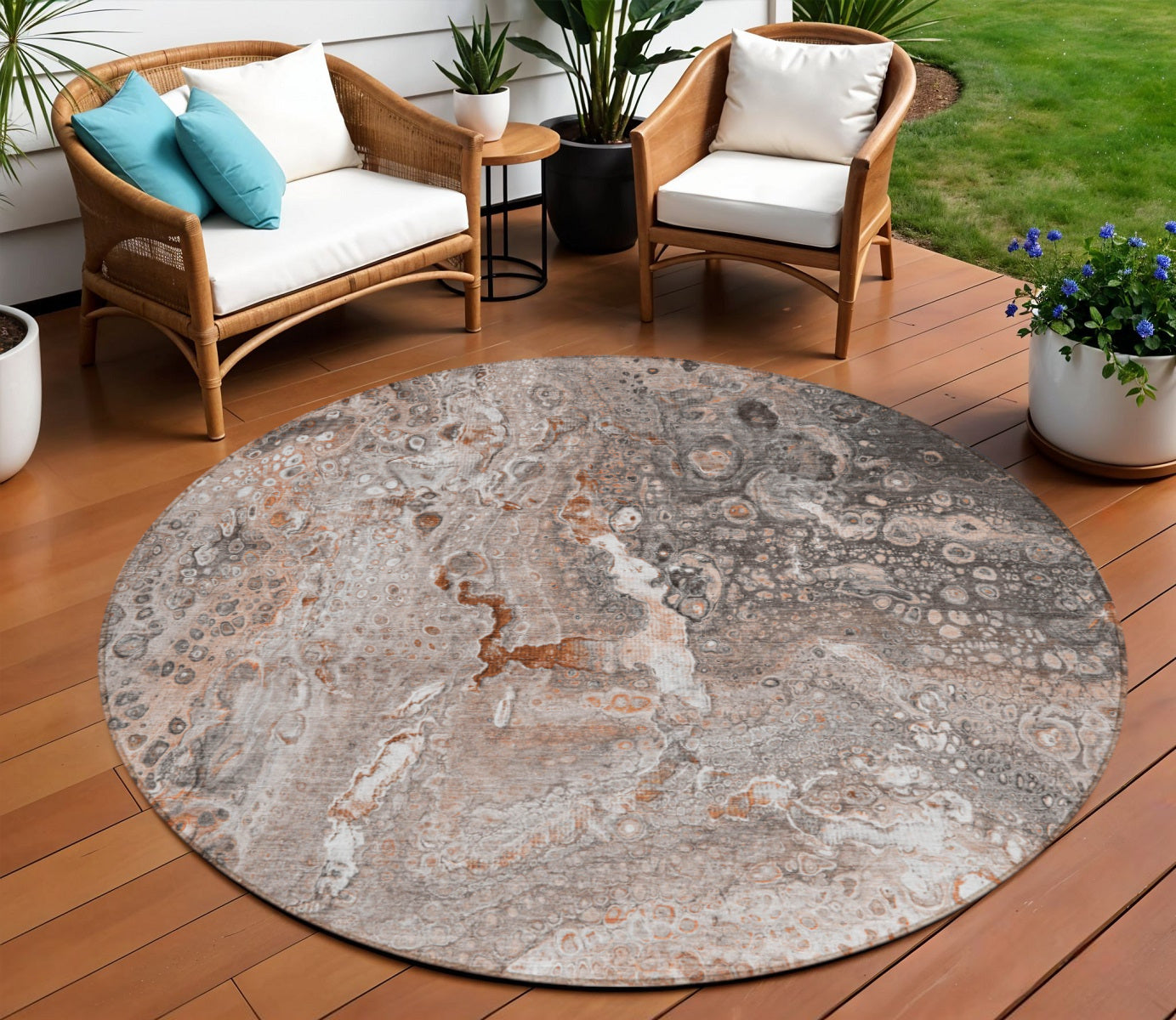 8' Terra Cotta Copper And Gray Round Abstract Washable Indoor Outdoor Area Rug
