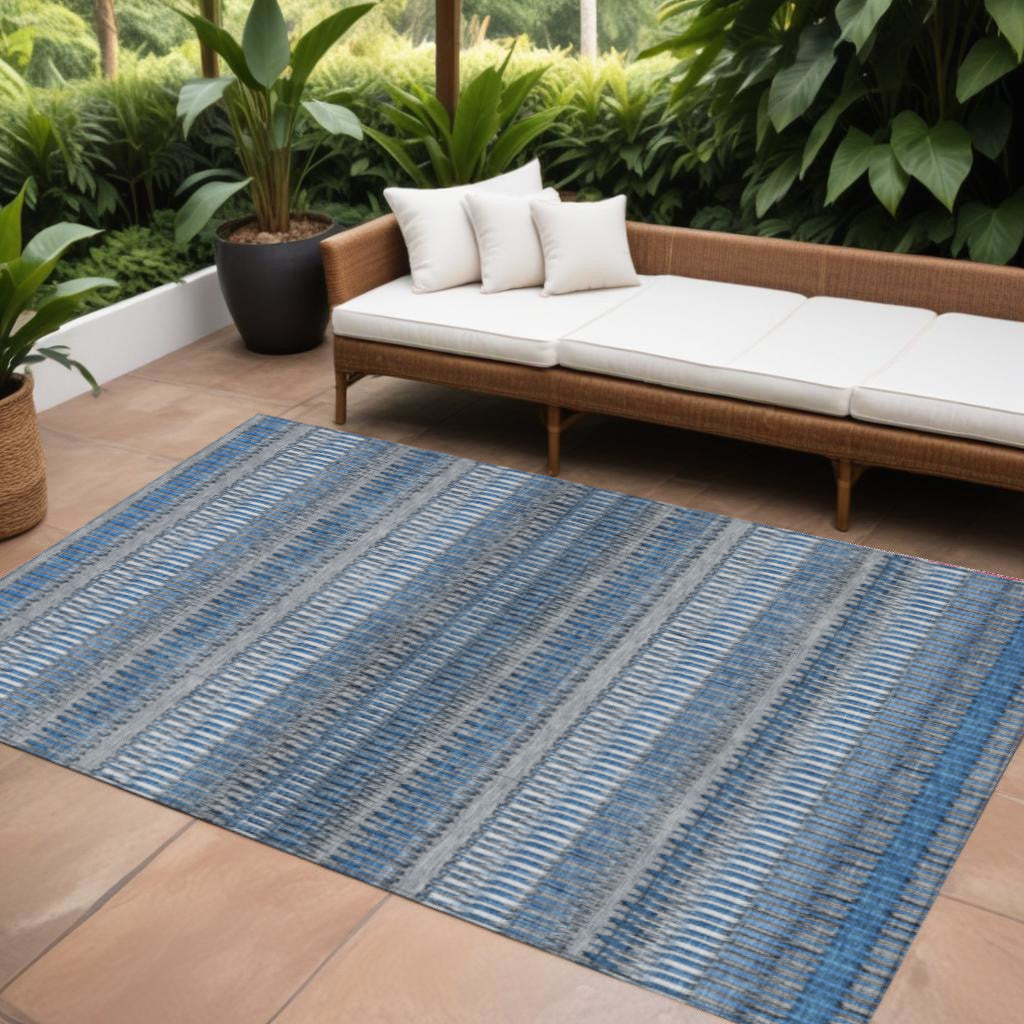 9' X 12' Denim Blue And Ivory Striped Washable Indoor Outdoor Area Rug