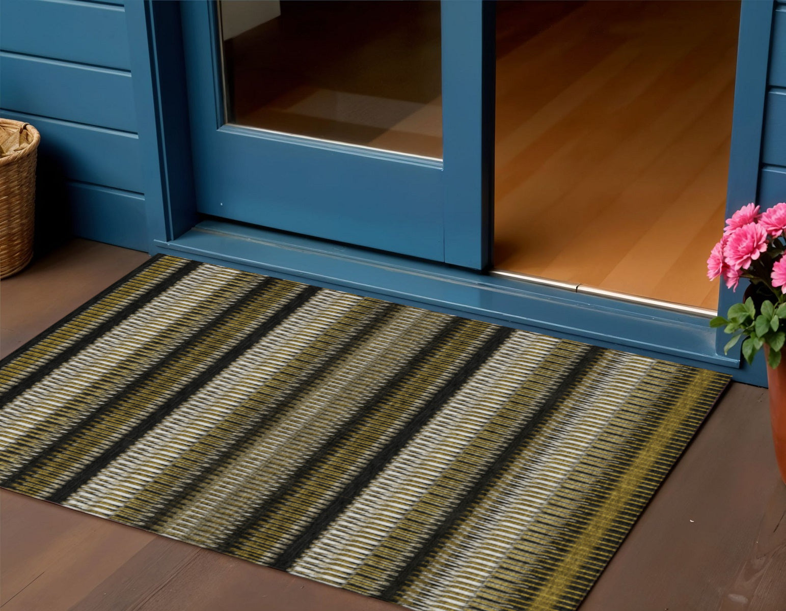 3' X 5' Brown Ivory And Black Striped Washable Indoor Outdoor Area Rug